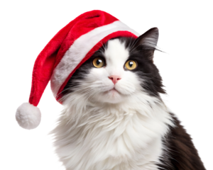 Black cat with red christmas santa hat isolated on white or transparent background