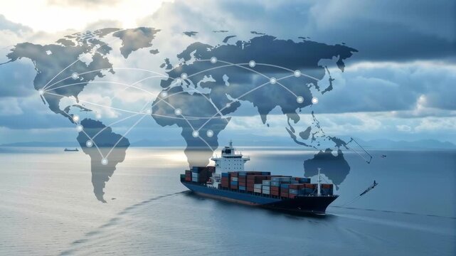 Freight ship navigating ocean routes with global connectivity and shipping networks