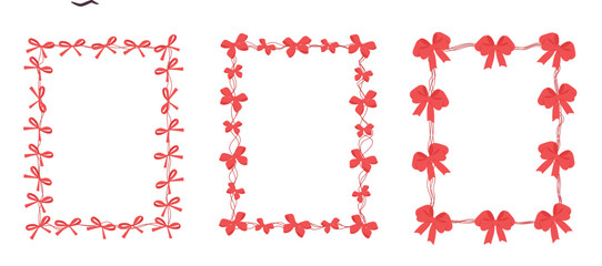 A set of vector images of red bows. Decorative frames with red bows and ribbons are perfect for postcards, invitations or design elements on a white background. Vector frames