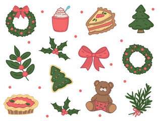 Cartoon Christmas vector icons featuring festive treats and decorations. Vector wreaths, holly, teddy bear, cookies, pies, hot drink and other seasonal items.