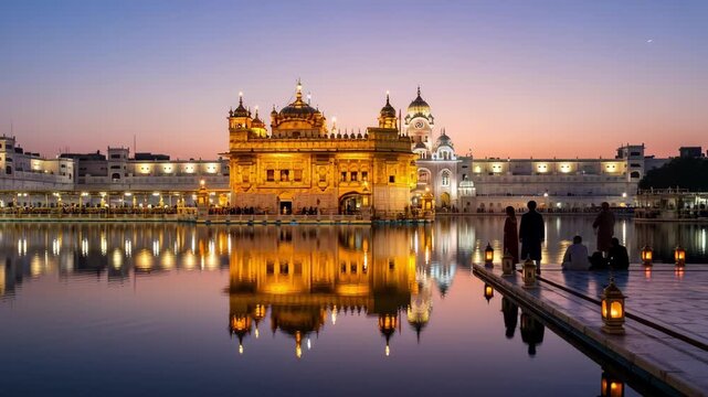 Experience the Golden Temple at twilight with its stunning reflections shimmering on the water, creating a serene and spiritual atmosphere