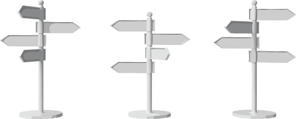 Three blank white directional signposts isolated on white background, minimalist concept for guidance, navigation, decision making, direction, travel and choice