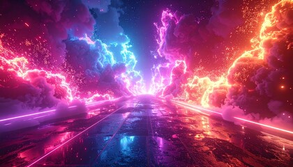 Obraz premium A futuristic highway between blue and red neon clouds 