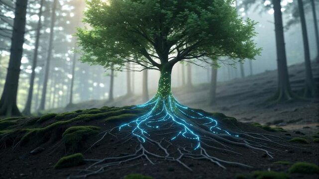 Stunning tree with illuminated roots in a misty forest, perfect for nature and technology themes