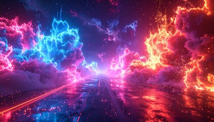 A futuristic highway between blue and red neon clouds