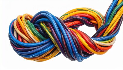 Colorful Electrical Wires in Complex Knot – Symbol of Entanglement and Connectivity | electrical wires, cable knot, colorful cables, wire entanglement, complex connection, cable management, tech chaos