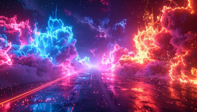 A futuristic highway between blue and red neon clouds - Powered by Adobe