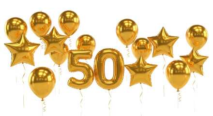 Golden balloons fifty celebration fiftyth anniversary party decor festive event golden star shapes isolated on transparent background