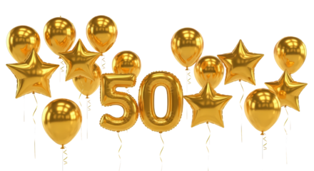 Golden balloons fifty celebration fiftyth anniversary party decor festive event golden star shapes isolated on transparent background