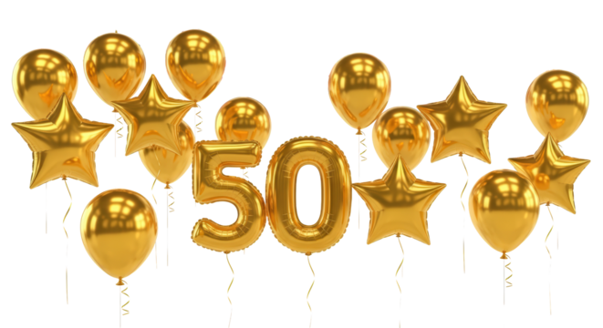 Golden balloons fifty celebration fiftyth anniversary party decor festive event golden star shapes isolated on transparent background
