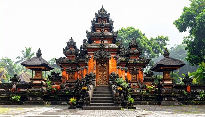 Naklejka premium Traditional Balinese Temple Architecture – Ornate Cultural Heritage | Balinese temple, traditional architecture, tiered roofs, ornate carvings, cultural heritage, religious site, Indonesian design, te