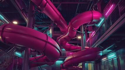 Neon-lit indoor waterpark with pink twisting slides weaving around metal beams under teal and magenta lights Concept Neon-lit indoor waterpark, Pink twisting slides, Teal and magenta lighting