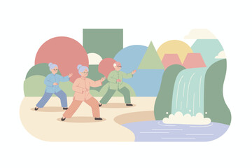 Seniors practice Tai Chi outdoors near a waterfall promoting health balance and wellbeing