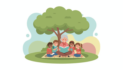Grandmother reading a book to diverse children under a tree fostering learning and joy