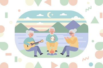 Happy seniors enjoy music around a campfire by a lake symbolizing active retirement  friendship