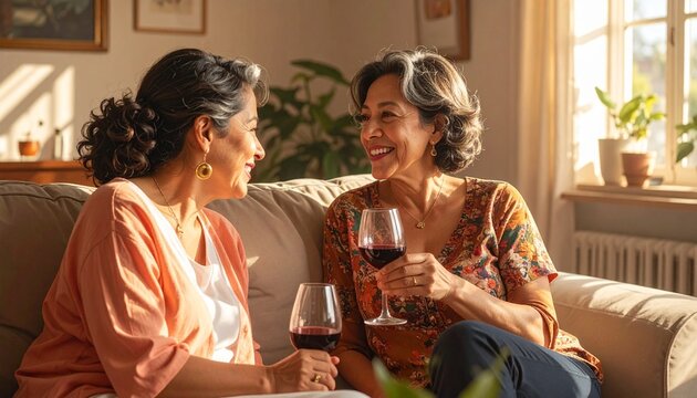 Two women sitting on the couch with a glass of wine