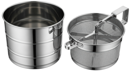 Two stainless steel kitchen sieves one plain cup and one with rotary sifter mechanism isolated on transparent background