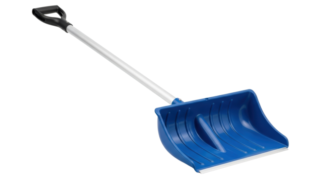 Bright blue snow shovel with sturdy metal handle for winter snow removal tasks isolated on transparent background