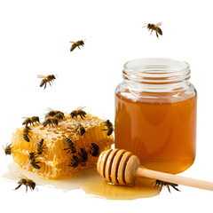 Honeycomb, Honey Jar, Bees: Natural Sweetener Product Photography isolated on transparent background