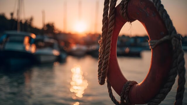 A red lifebuoy with thick ropes hanging by the water at a marina during sunset, with blurred boats in the background. Concept Marina sunset scene, Red lifebuoy with ropes, Water and blurred boats