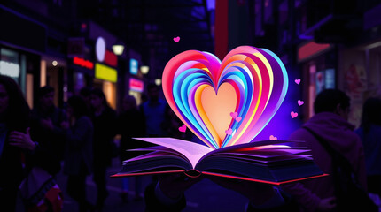 A vibrant heart shape emerges from an open book