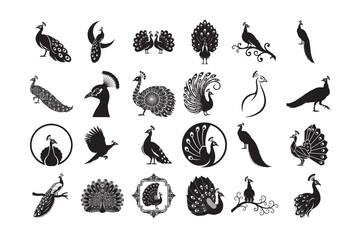 24 Peacock Silhouette Vector Bundle, Elegant Bird Clipart.