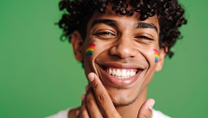 A portrait of a person with rainbow flag makeup. The person is smiling and looking at the camera