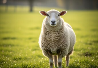 Obraz premium A fluffy white sheep stands prominently in a vibrant green grassy field, looking directly at the viewer with soft sunlight.
