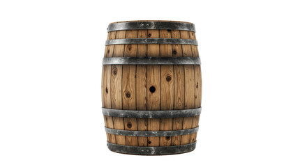 Fototapeta premium Old wooden barrel with metal bands front view rustic storage container isolated isolated on transparent background