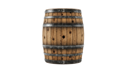 Old wooden barrel with metal bands front view rustic storage container isolated isolated on transparent background