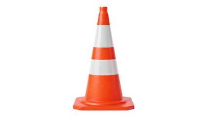 Bright orange and white traffic safety cone isolated with reflective stripes warning of road construction or hazard isolated on transparent background