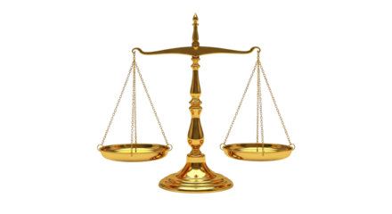 Antique golden balance scale symbolizing justice law equity truth and fairness isolated on transparent background