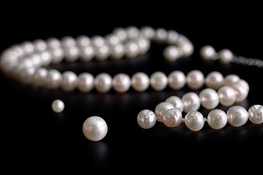A close-up photo displays a lustrous strand of pearls against a stark, black backdrop