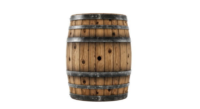 Old wooden barrel with metal bands front view rustic storage container isolated isolated on transparent background
