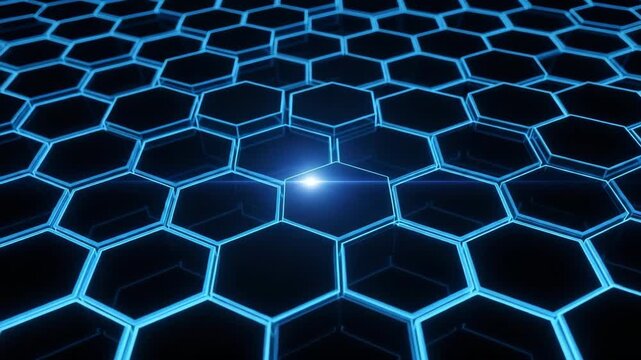 Abstract blue glowing hexagonal pattern creates a futuristic technology background