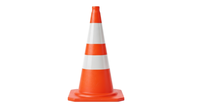 Bright orange and white traffic safety cone isolated with reflective stripes warning of road construction or hazard isolated on transparent background