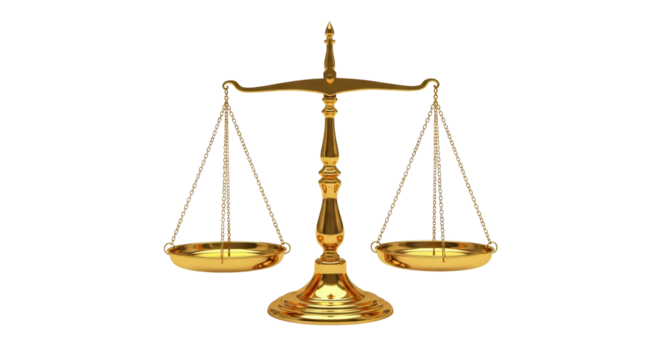 Antique golden balance scale symbolizing justice law equity truth and fairness isolated on transparent background