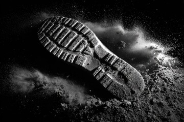 Dramatic black-and-white close-up of a textured boot print imprinted in dusty substance