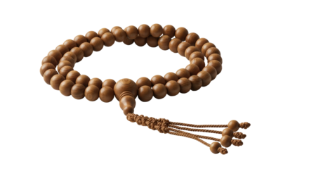 Spiritual wooden prayer beads with tassels for meditation and religious devotion isolated on transparent background