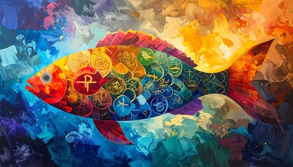 Colorful, abstract fish with diverse painted details and symbols, vibrant and artistic