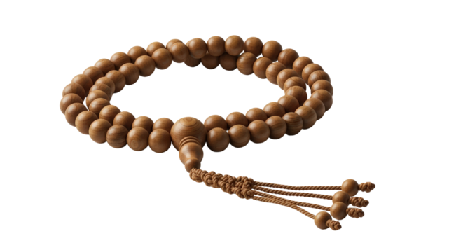 Spiritual wooden prayer beads with tassels for meditation and religious devotion isolated on transparent background