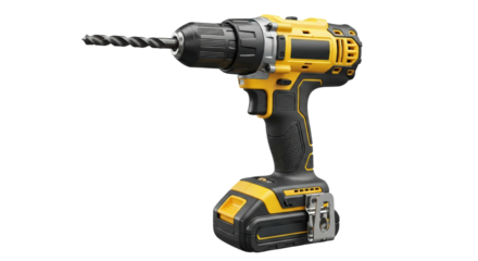 Cordless power drill tool with battery and chuck ready for drilling tasks isolated on transparent background