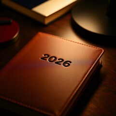 brown leather notebook number 2026 written black ink notebook resting wooden desk laptop red pen next background blurred appears desk lamp book overall mood dark moody