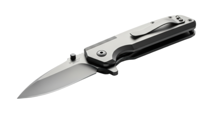 Shiny silver folding pocket knife with clip isolated for outdoor adventures isolated on transparent background