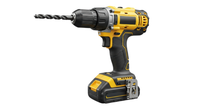 Cordless power drill tool with battery and chuck ready for drilling tasks isolated on transparent background - Powered by Adobe