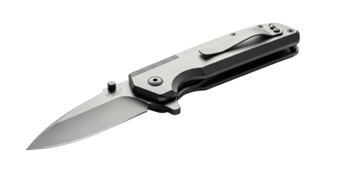 Shiny silver folding pocket knife with clip isolated for outdoor adventures isolated on transparent background