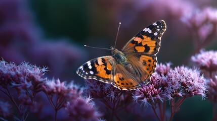 Obraz premium Painted Lady butterfly with orange and black wings and white dots perched on purple Astilbe in an English garden, showcasing nature and pollinators for conservation and education.