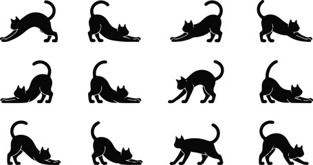 Fototapeta premium Black Cat Silhouette Illustrations in Stretching Positions on a White Background Seamless Pattern
