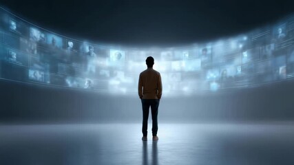 Professional developer analyzing intricate data visualization on curved virtual screen, highlighting futuristic digital environment with immersive technological interface - Powered by Adobe