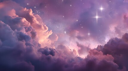 Fluffy clouds glow with pink and purple hues under a starry twilight sky.